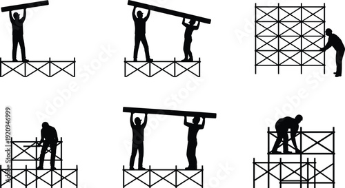 Construction workers on scaffolding silhouette set installing beams and assembling structure, industrial building process vector illustration isolated on white background