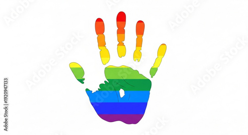 Rainbow colored handprint symbolizing diversity and inclusivity on white background