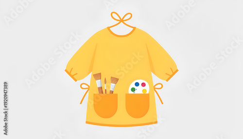Yellow art smock with paintbrushes and color palette
