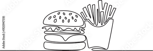Continuous single line sketch drawing of cheese beef hamburger and potato chips french fries. one line art icon drawing vector