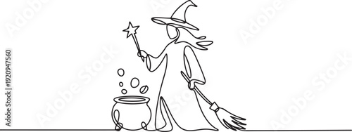 Continuous single line sketch drawing of wizard witch holding magical wand broom and potion cauldron halloween spooky concept. one line art icon drawing vector