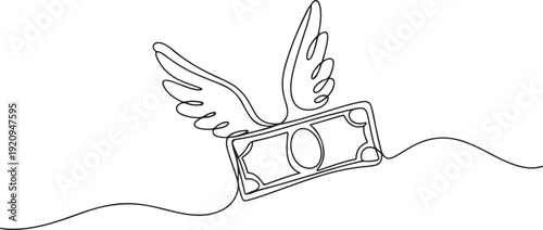Continuous single one line drawing art of money paper flying with wings. one line art icon drawing vector