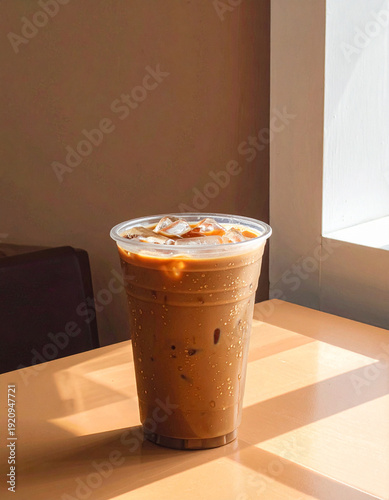 Cool down with a creamy iced coffee milk on a wooden table. Perfectly captured with warm, natural sunlight for an aesthetic morning vibe. Refreshment in every sip