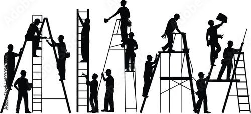 Construction workers silhouettes on ladders and scaffolding, professional builders and painters teamwork vector illustration isolated on white background for industrial design