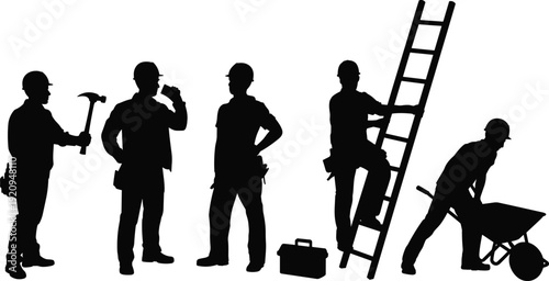 Construction workers with ladder, wheelbarrow and tools silhouettes set, industrial building maintenance and repair concept vector illustration isolated on white background