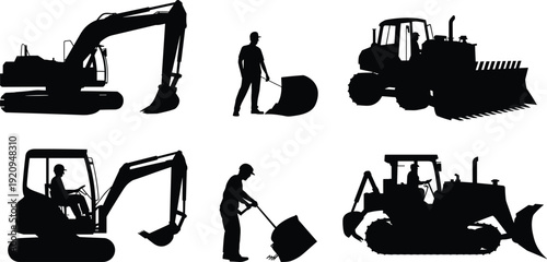 Excavator and bulldozer silhouettes with construction worker, heavy machinery equipment and manual labor scene, industrial engineering vector illustration isolated on white background