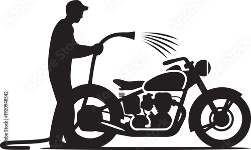 Silhouette of a man washing a classic motorcycle with a water hose. black icon drawing vector
