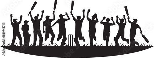 Silhouettes of a cricket team celebrating victory on a field. black icon drawing vector