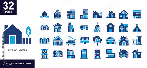 Type of houses mixed color icon set