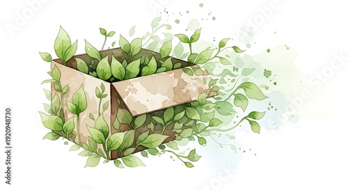 Green plants bursting out of cardboard box in creative explosion
