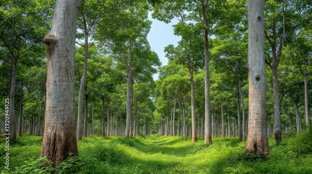 Obraz premium Lush Green Forest Landscape with Tall Trees and Sunlight Filtering Through the Foliage in a Calm Natural Environment