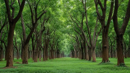 Lush Green Forest Pathway with Towering Trees and Dense Foliage Welcoming Nature Enthusiasts on a Bright Sunny Day in Tranquil Wilderness Setting