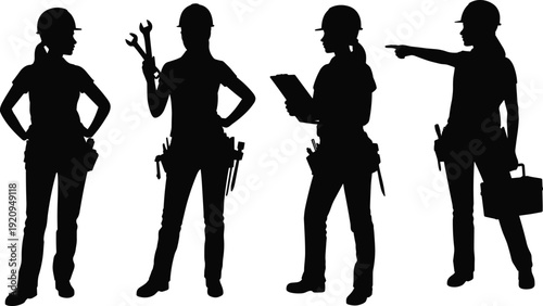 Female construction worker silhouette collection with tools and helmet, professional woman engineer and technician vector illustration isolated on white background, empowerment concept