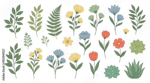 Greenery Flowers d flat vector isolated white background