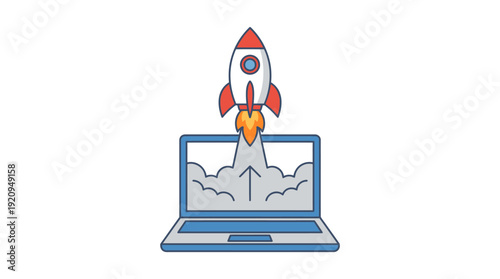 Rocket Taking Off Laptop Smoke d flat vector isolated white background