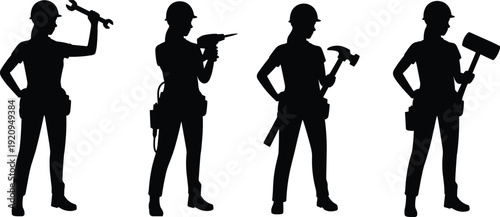 Female construction worker silhouettes holding wrench, drill and hammer tools, industrial handywoman team vector illustration isolated on white background