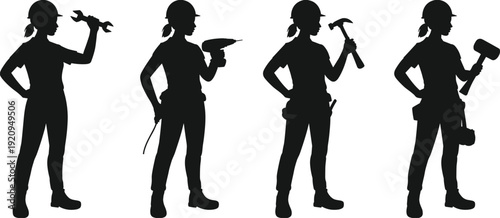 Female construction worker silhouettes with wrench, drill and hammer tools set, industrial handywoman vector illustration isolated on white background