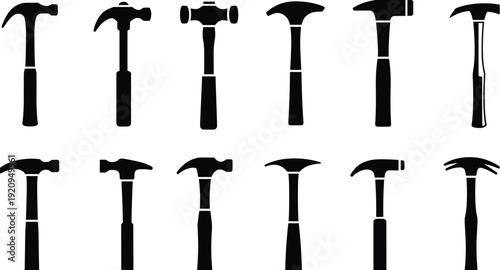 Hammer silhouettes set, carpenter and construction hand tools vector collection isolated on white background for building, repair and DIY design