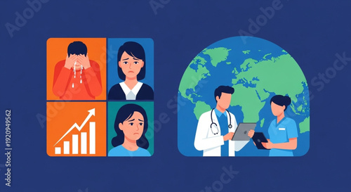 Health crisis concept showing worried people and doctors helping worldwide
