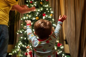Child Decorating Christmas Tree at Home