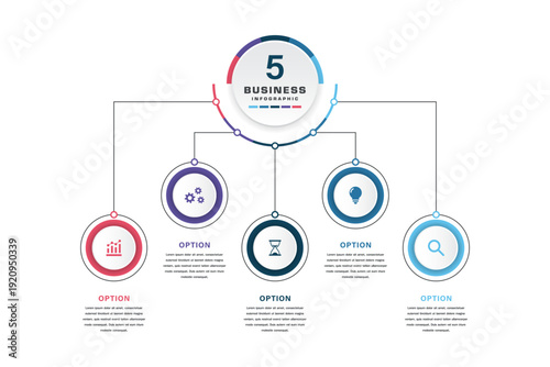 Modern business infographic template with five connected circular options and icons for strategy, process, workflow, and decision‑making presentations