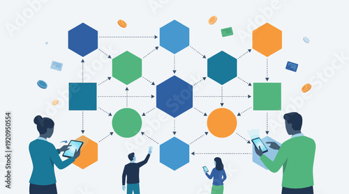 People interacting with connected network of colorful geometric shapes