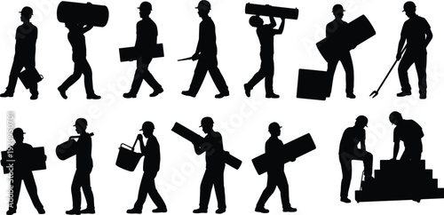 Industrial and construction worker silhouette set carrying pipes, boxes and tools, manual labor and material handling vector illustration isolated on white background