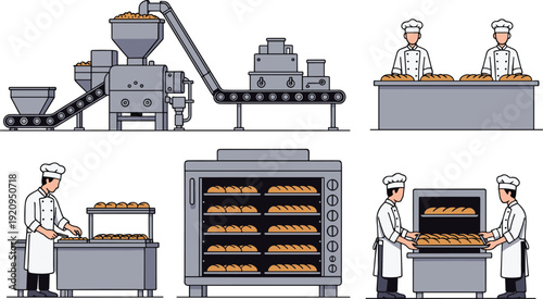 Industrial bakery production line with bakers, bread processing machine, oven conveyor system flat vector illustration for food factory concept