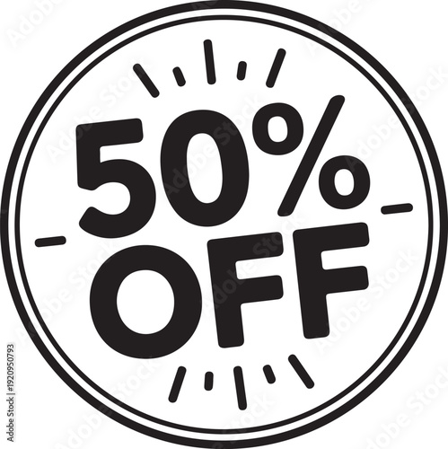 Black and white circular badge displaying a fifty percent off sale,  black icon drawing vector