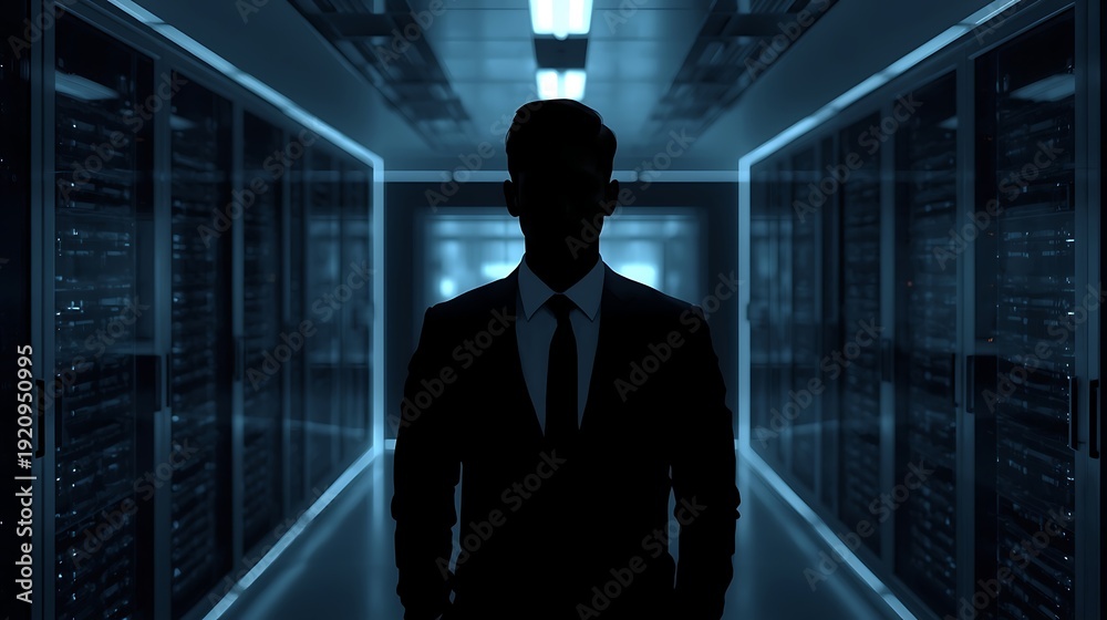 Fototapeta premium Generative AI Envisioning a Mysterious Data Center with Silhouetted Figure.