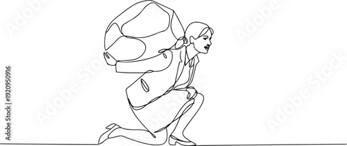 continuous line drawing of business woman carry stone rock obstacle burden load expenses. one line art icon drawing vector