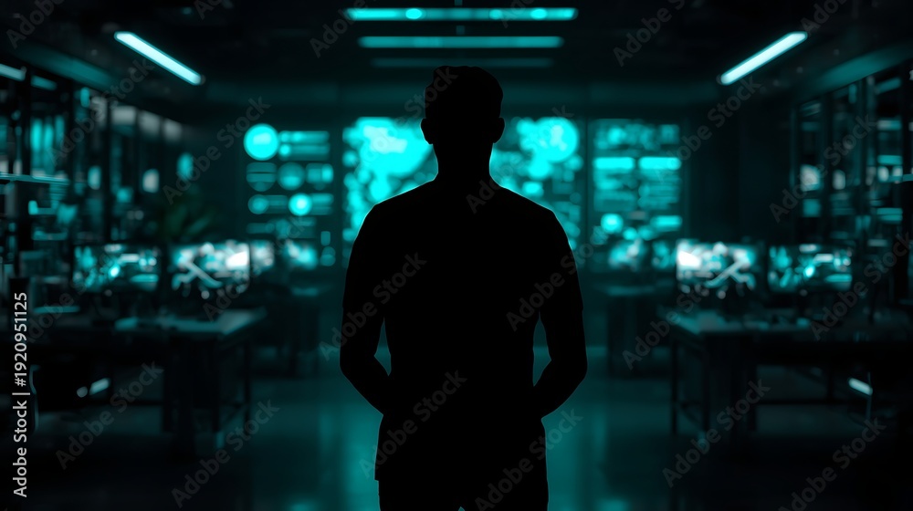 Fototapeta premium Generative AI futuristic cybersecurity analyst in dark data center scene.