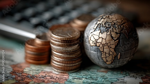 Global finance and economic concepts are illustrated with metallic coins a detailed globe of Africa and a calculator keyboard on an antique map