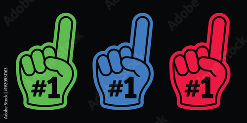 Number one fan foam finger vector illustration, cheering hand accessory for sports events, stadium crowds, team support, game day excitement, championship celebrations, and enthusiastic fan graphics