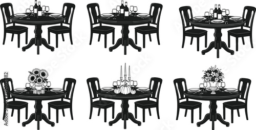Dining Table Set Collection with Chairs Tableware and Floral Centerpieces Black Vector Illustration