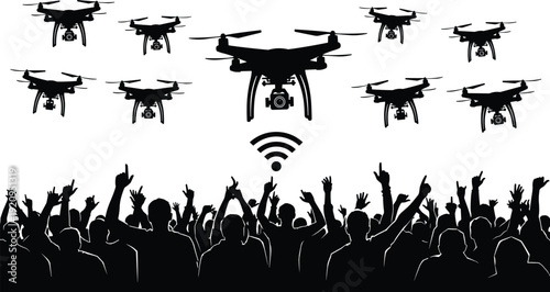 Drone fleet flying over cheering crowd with wireless signal surveillance technology vector illustration isolated