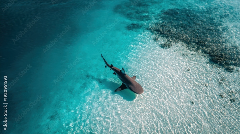 Fototapeta premium Aerial View of a Majestic Shark Swimming in Crystal Clear Turquoise Water Over a Stunning Coral Reef Landscape in Tropical Environment
