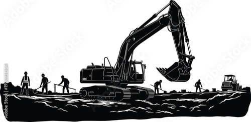 Excavator and Construction Workers Performing Earthmoving Work on Building Site Black Silhouette Vector Illustration