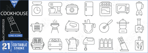 Comprehensive Minimalist Kitchen Appliance and Cooking Equipment Line Icon Set Featuring Refrigerator, Oven, Blender, Mixer, Toaster, Grill, Waffle Maker, Kettle, Juicer, Knife Block, Cutting Board