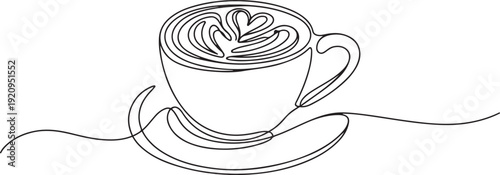 Continuous one line drawing of cup of coffee with latte art in saucer. one line art icon drawing vector