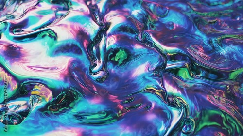 A close-up view of shimmering, iridescent liquid with vibrant swirls of blue, green, and pink