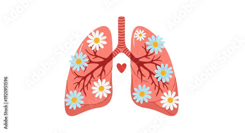 World Tuberculosis Day healthy human lungs adorned with delicate daisies and a heartwarming central symbol, representing fresh air, well-being, and nature's soothing embrace for respiratory health