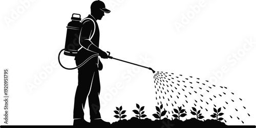 Farmer spraying crops with backpack sprayer silhouette agricultural pest control vector illustration