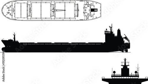 PrintGeneral arrangement of a modern cargo ship showing top view side profile and front elevation in black silhouette and technical CAD drawing flat vector illustration