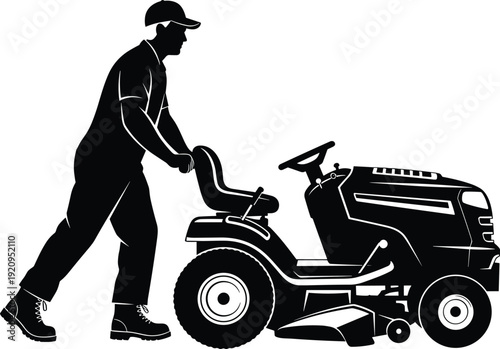 Gardener pushing riding lawn mower silhouette outdoor grass cutting landscaping equipment vector illustration