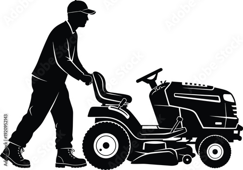 Gardener Pushing Riding Lawn Mower for Yard Maintenance Black Silhouette Vector Illustration