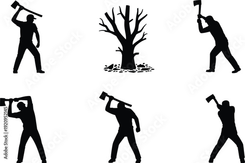 Lumberjack chopping tree with axe silhouettes set, woodcutter worker cutting timber concept vector illustration isolated on white background for forestry industry