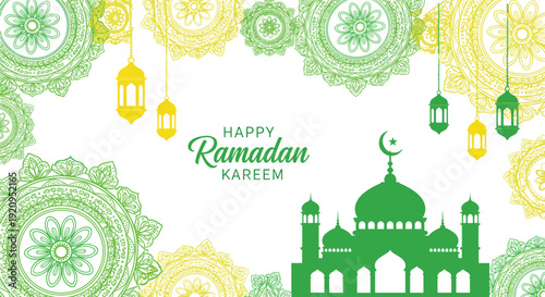 Happy Ramadan Kareem greeting card design with green and yellow mandala patterns, hanging lanterns, and mosque silhouette illustration.