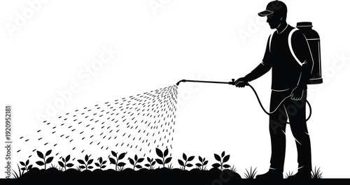 Gardener spraying plants with backpack sprayer in garden agriculture silhouette pest control vector