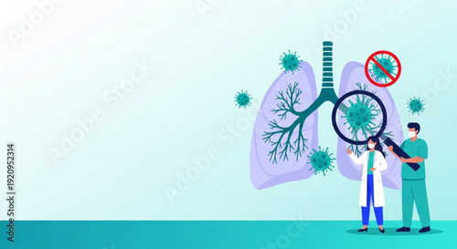World Tuberculosis Day Medical illustration of doctors researching lung health and combating viral infections, emphasizing prevention and treatment strategies for respiratory diseases